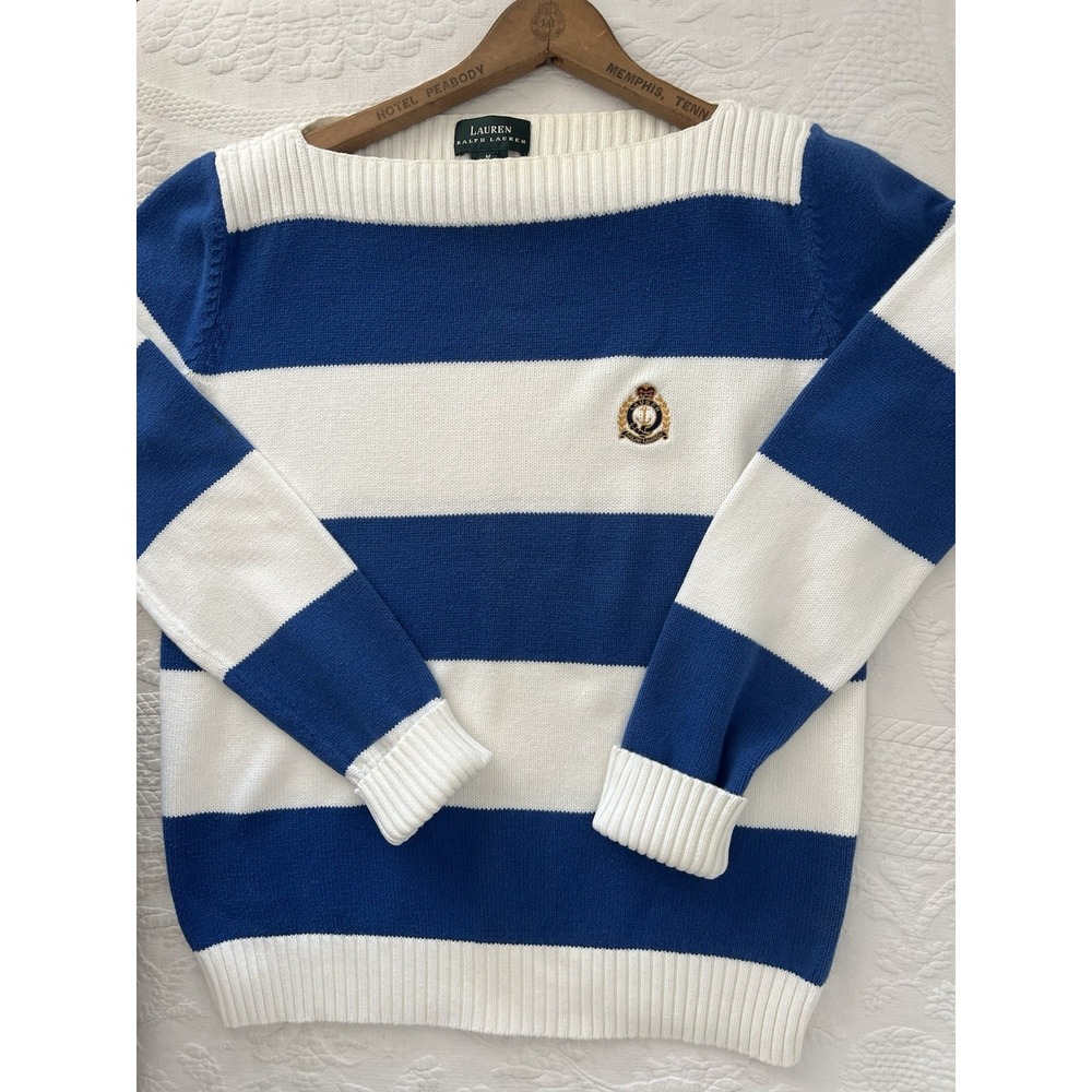 Vintage Ralph Lauren Sweater Boatneck Crest Crown Striped Embroidered Coastal M